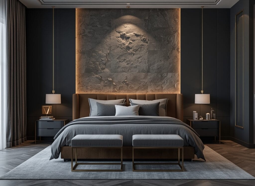 Luxury bedroom with charcoal accent wall, raw stone texture, and velvet bed frame
