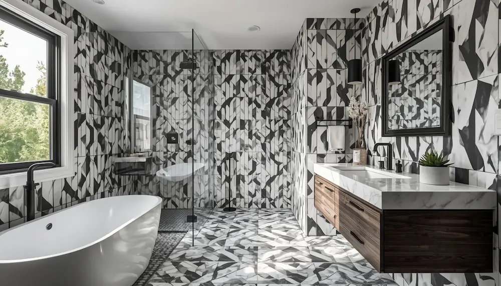 Modern bathroom featuring black and white geometric tiles and contemporary fixtures.