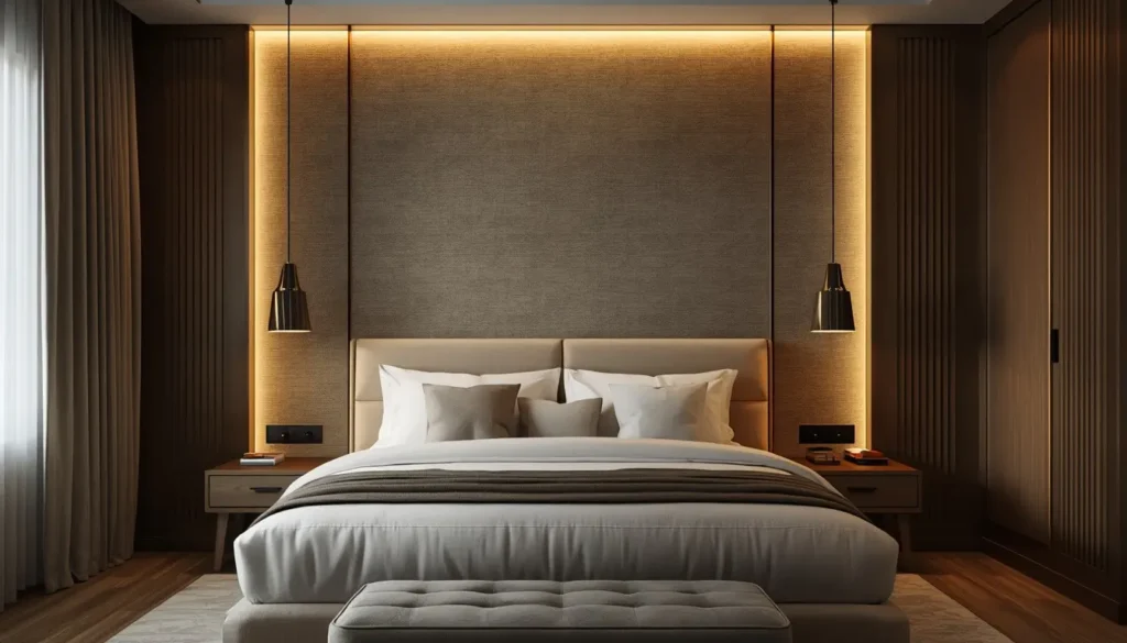 Modern bedroom with stylish accent wall and warm lighting creating a luxury hotel vibe