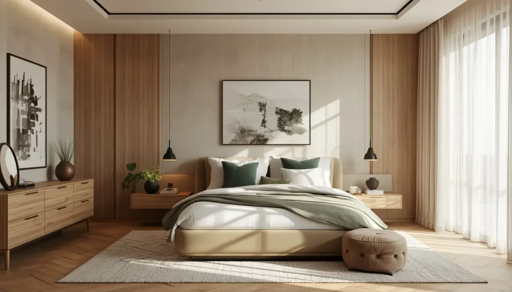 Bedroom with warm neutral and sage green tones for 2026 refresh