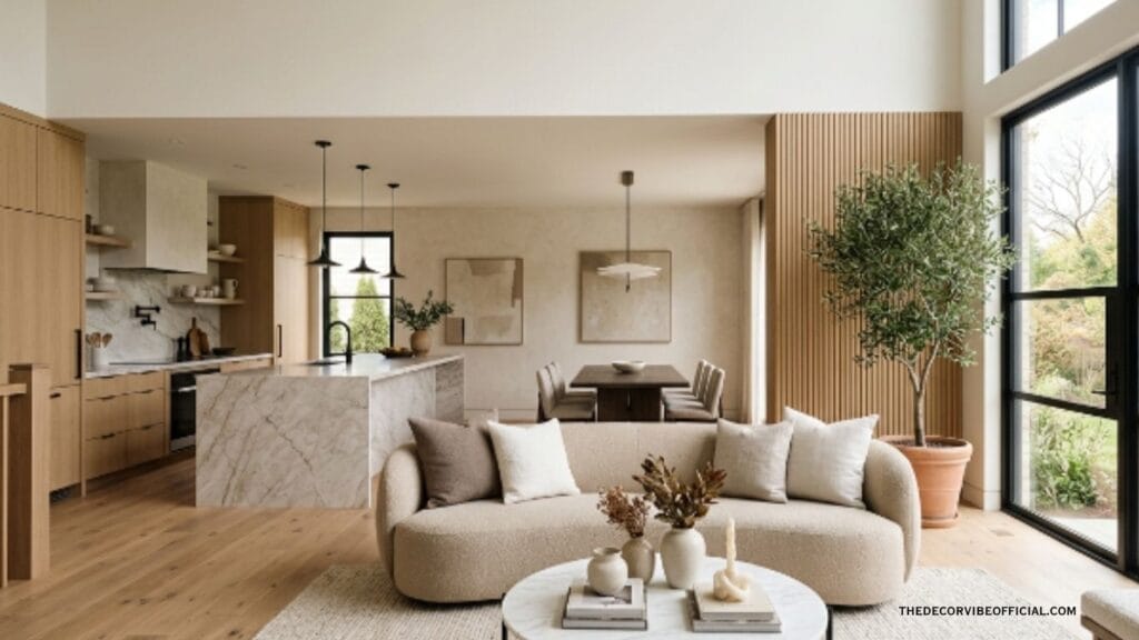 Modern luxury home interior with contemporary living room, designer kitchen, natural wood accents, and elegant decor ideas for 2026.