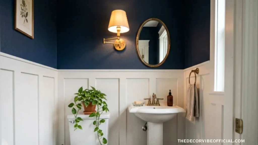 Budget friendly powder room makeover with board and batten wainscoting and navy paint