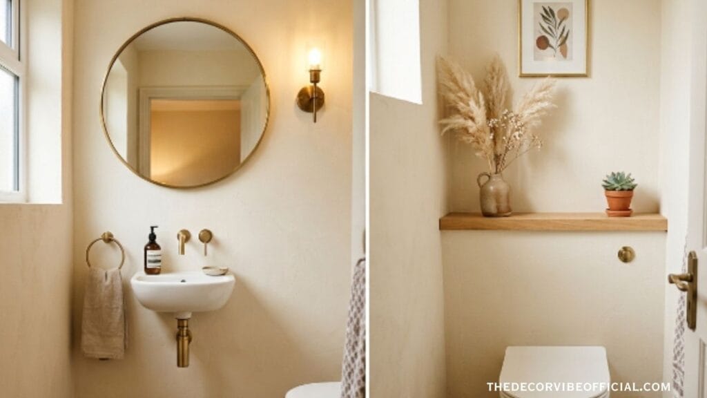 Budget friendly powder room makeover with floating shelf plant and brass mirror
