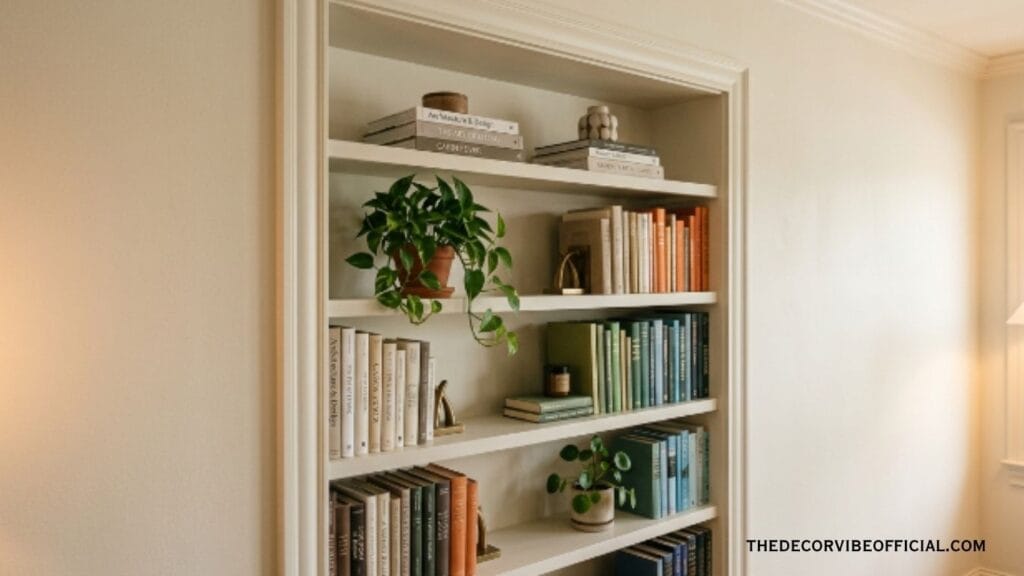 Built-in style bookshelf framed with wood trim painted to match the wall