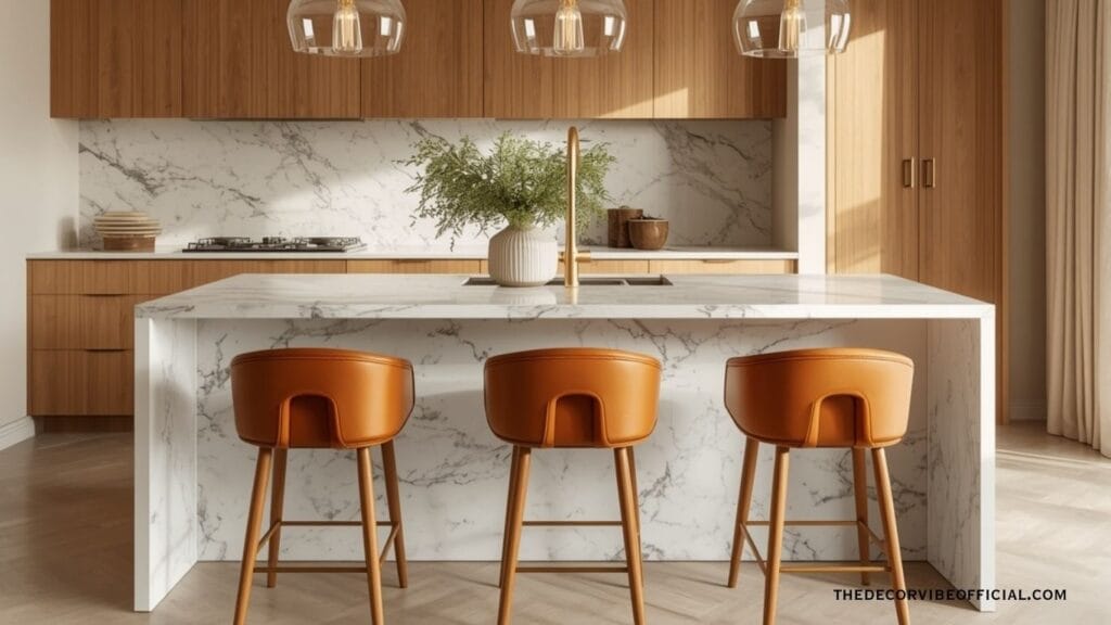 Luxury kitchen island with marble waterfall countertop and brass pendant lighting