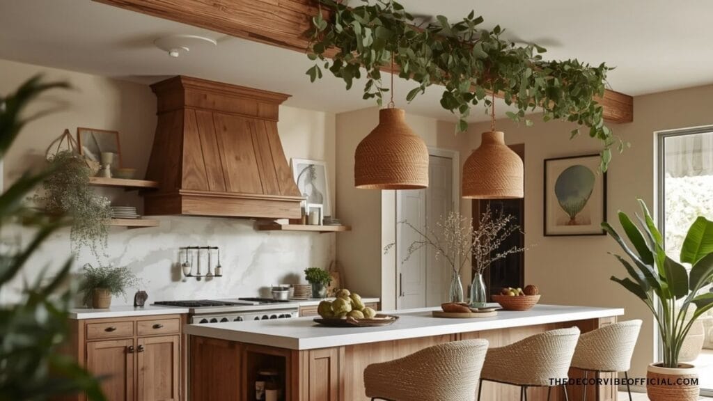 Boho luxury kitchen with rattan pendants and trailing greenery