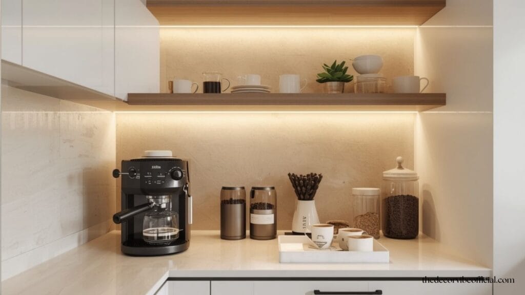 Modern coffee bar ideas for home featuring stylish coffee station, floating shelves, espresso machine, marble decor, and cozy luxury kitchen design