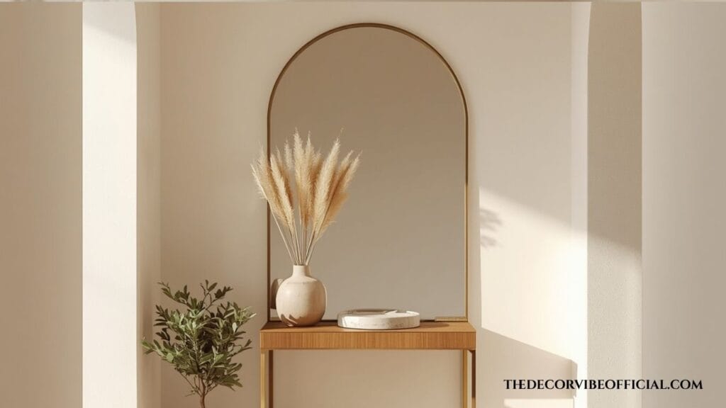 Small entryway with narrow oak console table, arched brass mirror, ceramic vase, and olive tree