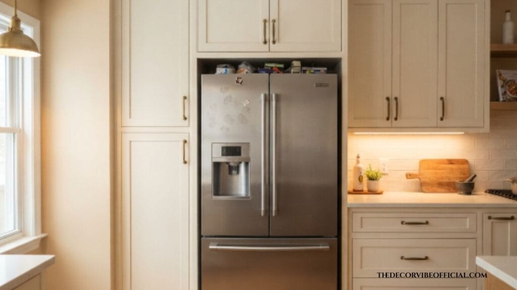 above fridge storage idea with built-in cabinet extending to ceiling