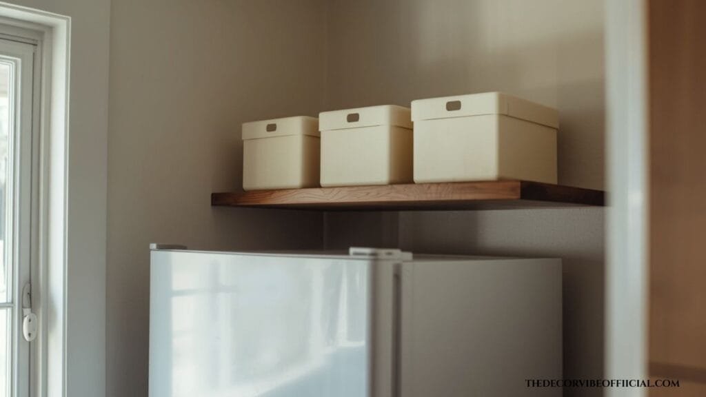 Above fridge storage ideas with a floating shelf and decorative boxes