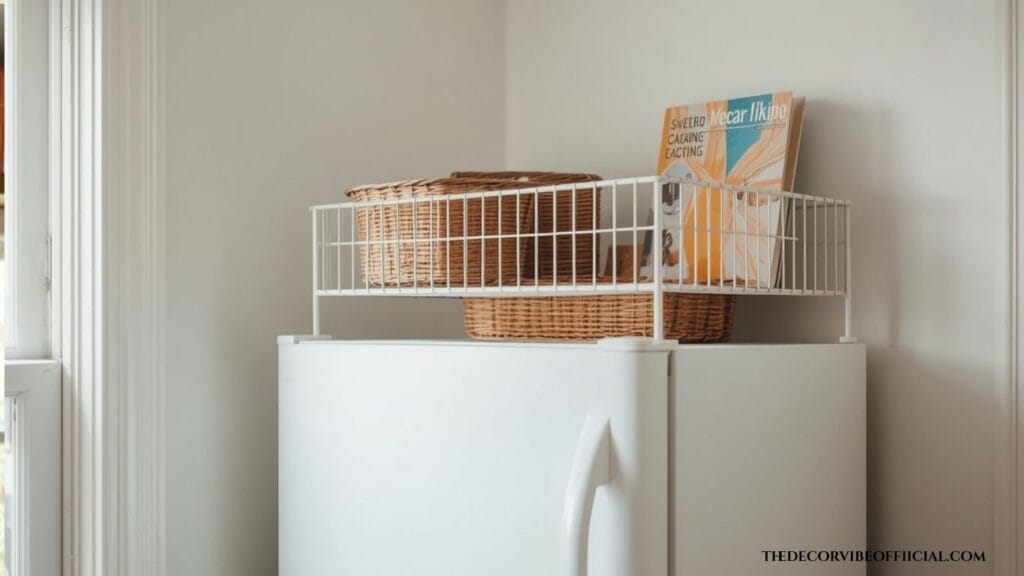 Above fridge storage ideas using a freestanding rack with no cabinet