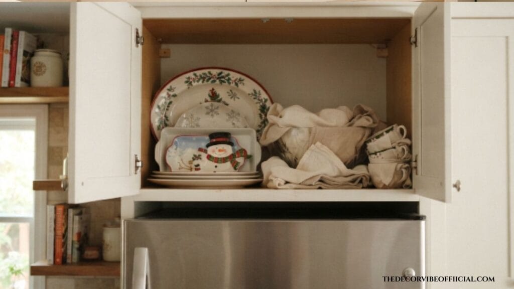 Above fridge storage ideas with seasonal serveware stacked in a cabinet