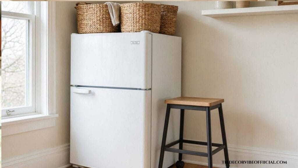 Above fridge storage ideas with a rolling step stool for easy access