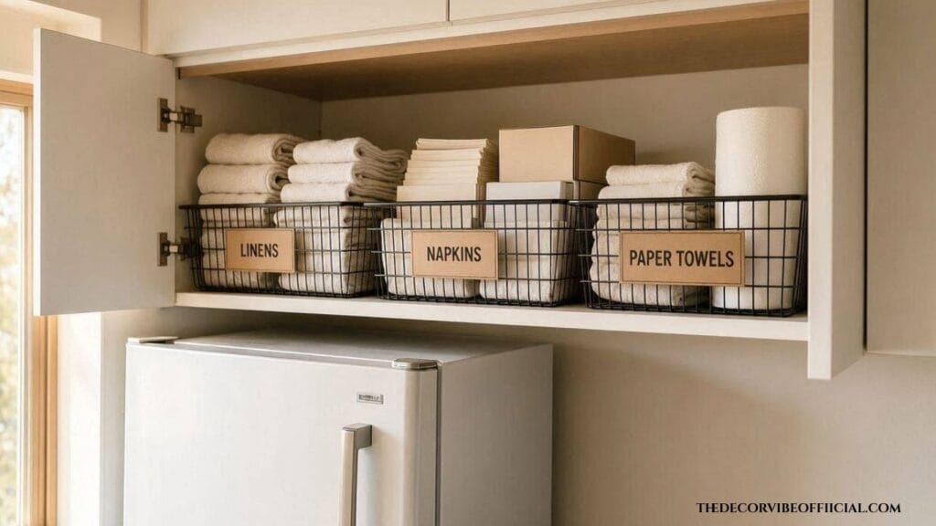 Above fridge storage ideas with organized wire baskets in a small kitchen