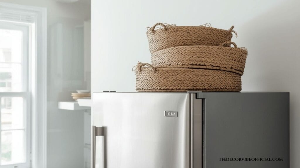 above fridge storage ideas with stacked woven baskets in a white kitchen