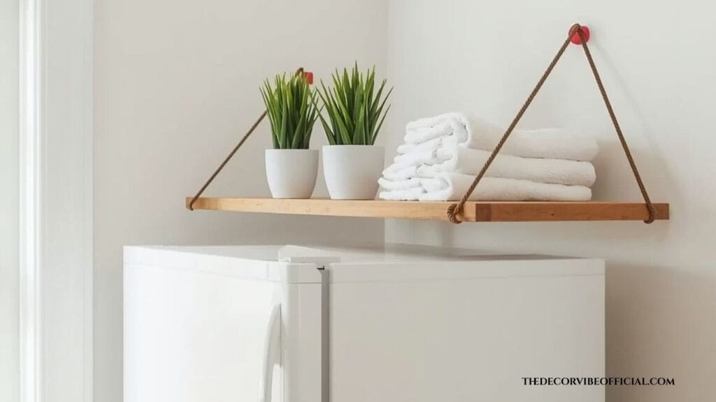 renter friendly above fridge storage idea with no drill tension shelf
