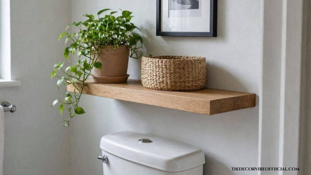 Above toilet decor with a floating wood shelf and framed art