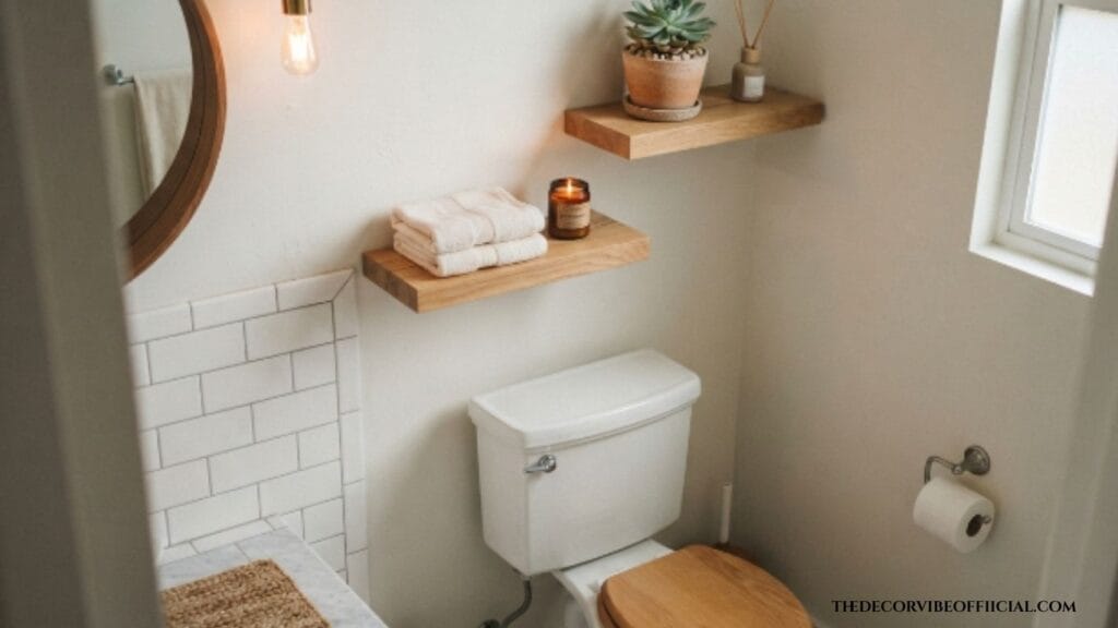 Above toilet decor with two-tier floating shel