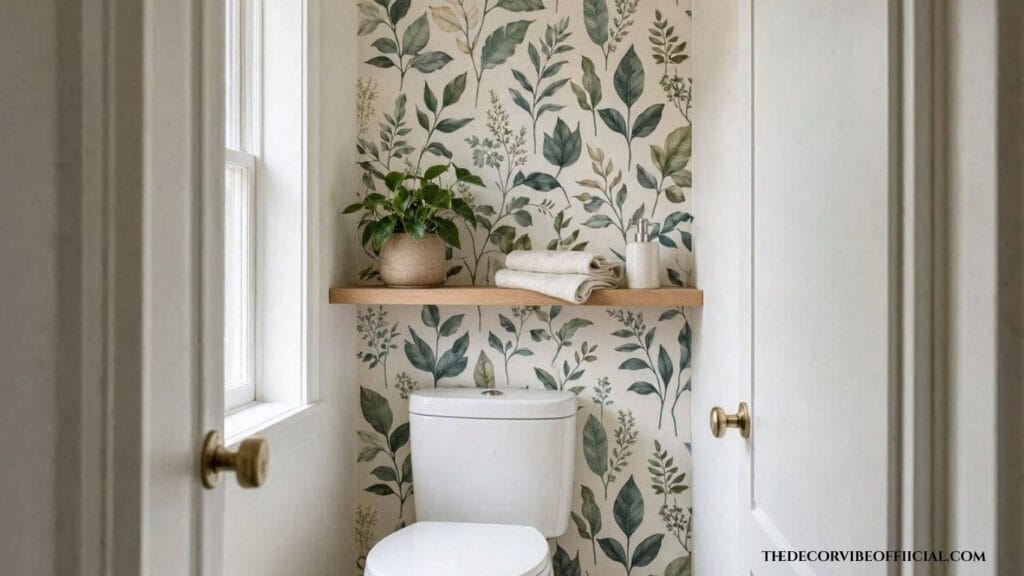 Above toilet decor with a wallpapered accent panel
