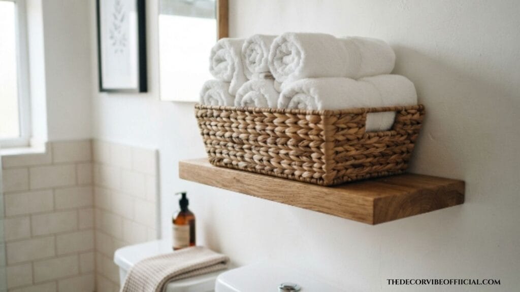 Above toilet decor with woven basket towel storage
