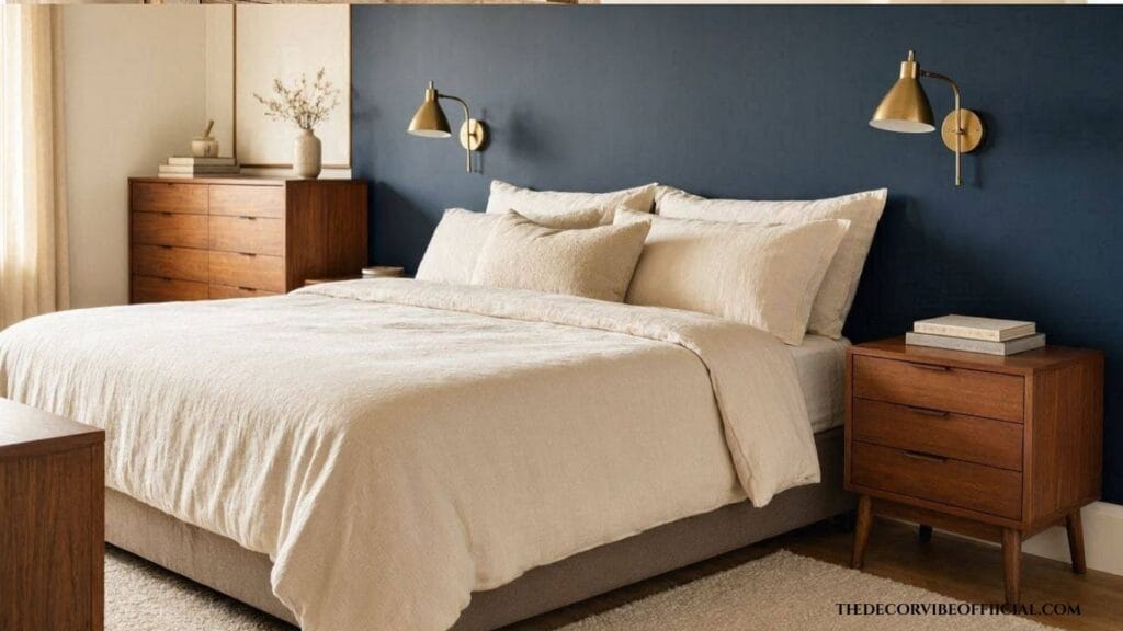 Accent wall paint colors bedroom with a deep navy headboard wall