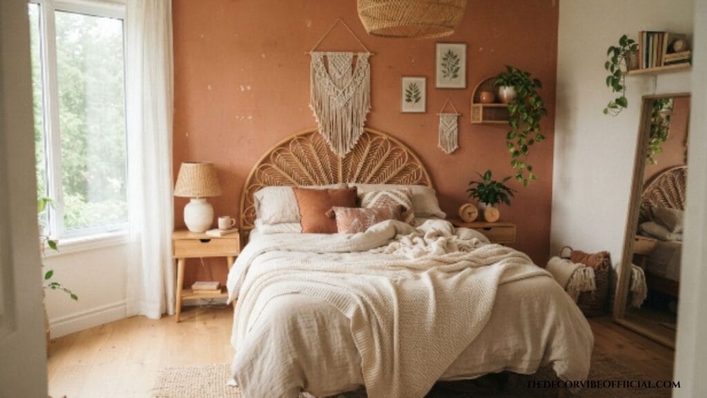 Accent wall paint colors bedroom with a terracotta wall