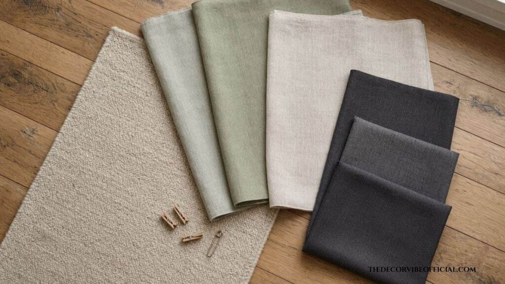 Neutral fabric swatches for acoustic home office decor palette