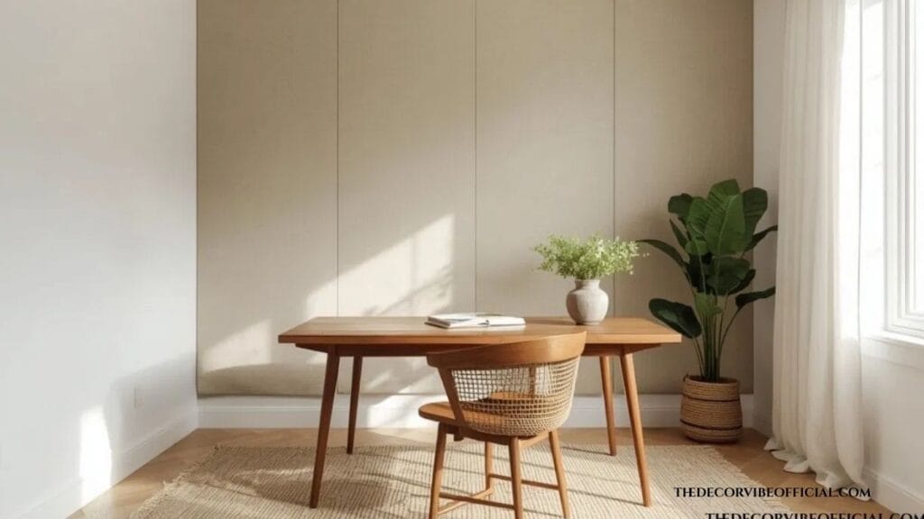 Acoustic home office decor ideas corner setup with fabric wall panels and a wood desk