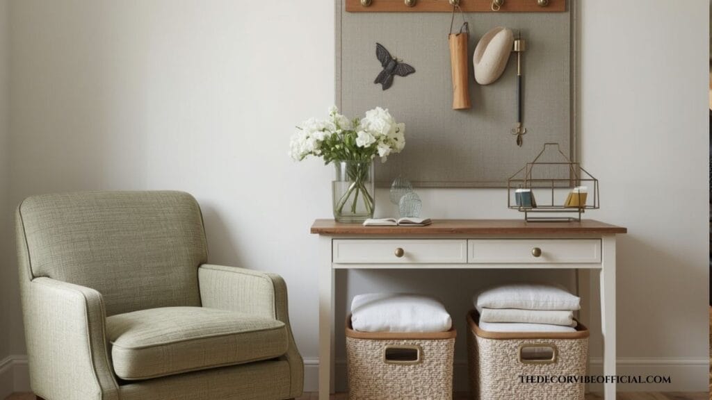 Sage boucle chair and felt panel in acoustic reading nook office
Acoustic home office decor 