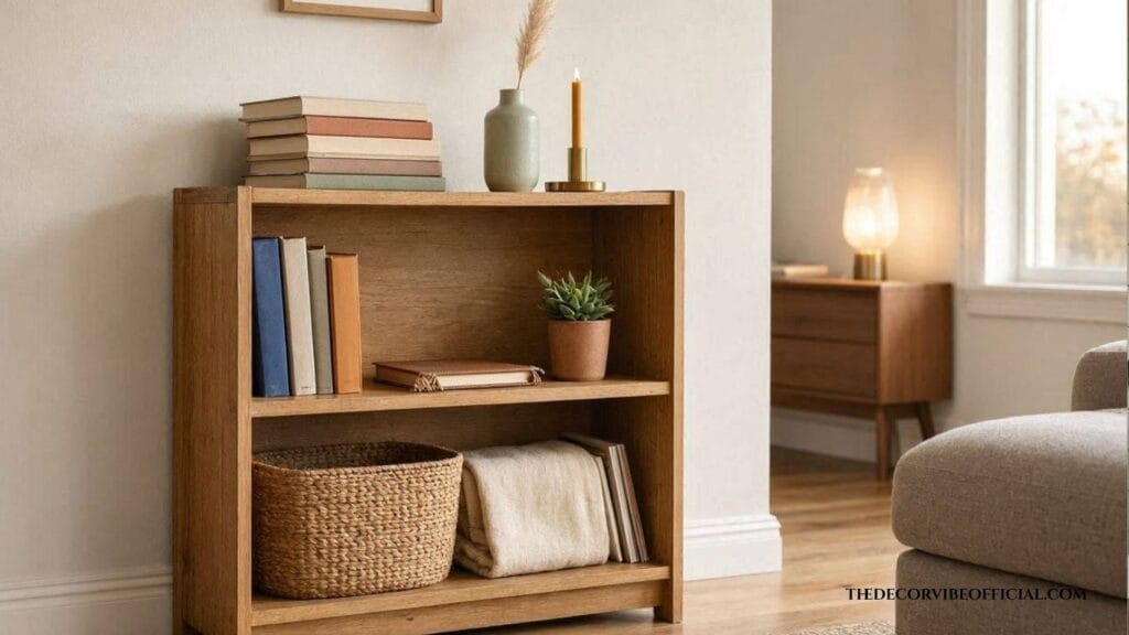 Small apartment bookshelf with neutral book spines, single potted succulent, white ceramic vase, and one framed art print using vertical space