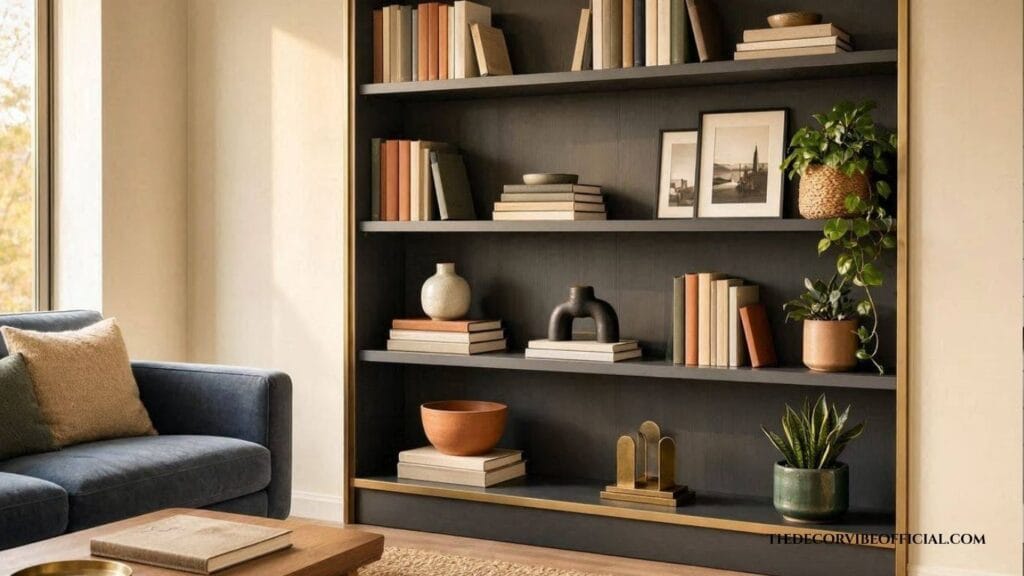 Aesthetic bookshelf styling with stacked books, potted plants, and ceramic vases in warm neutrals and sage green tones
