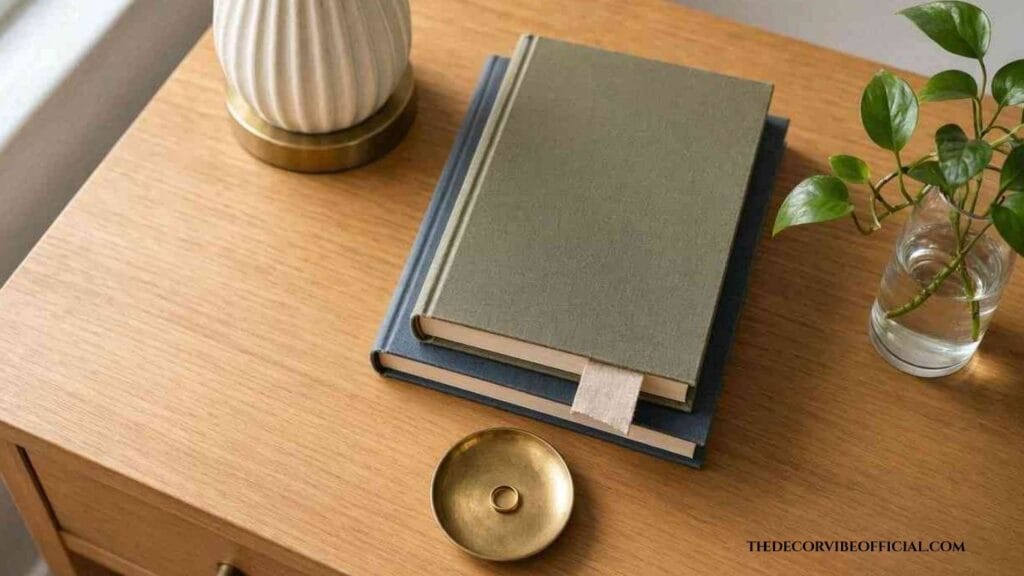 Aesthetic nightstand decor with lamp, books, and trailing plant
