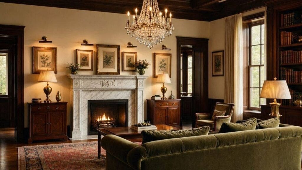 Antique brass lighting and accessories in a timeless old money living room.