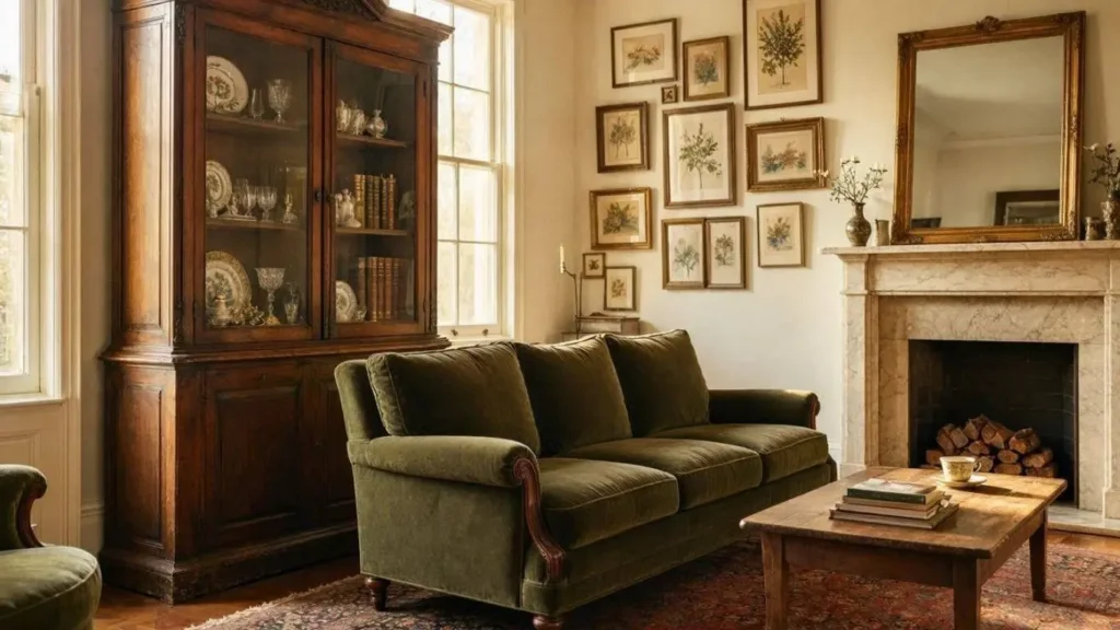 Antique walnut cabinet styled with vintage decor in an old money living room.