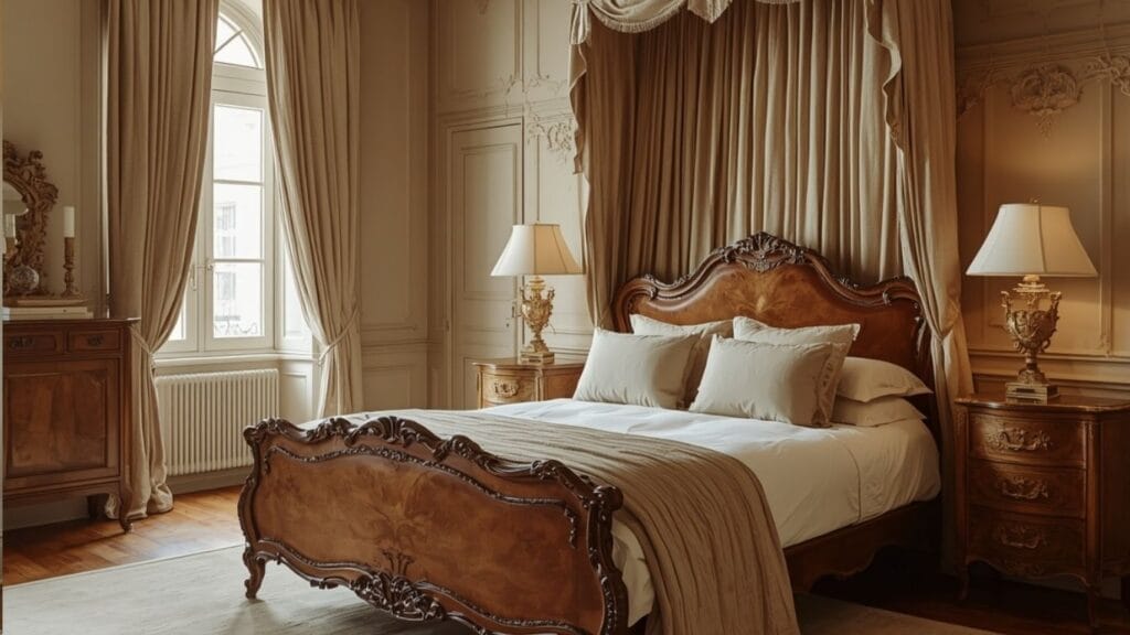 Antique bedroom with carved bed, soft lighting, and elegant vintage decor.