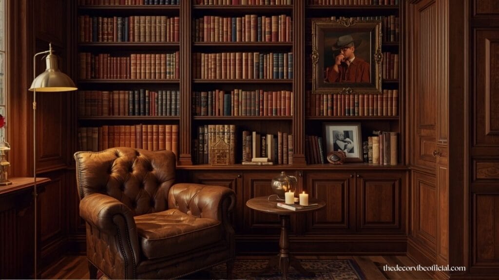 Cozy antique reading corner with books, armchair, and warm lighting