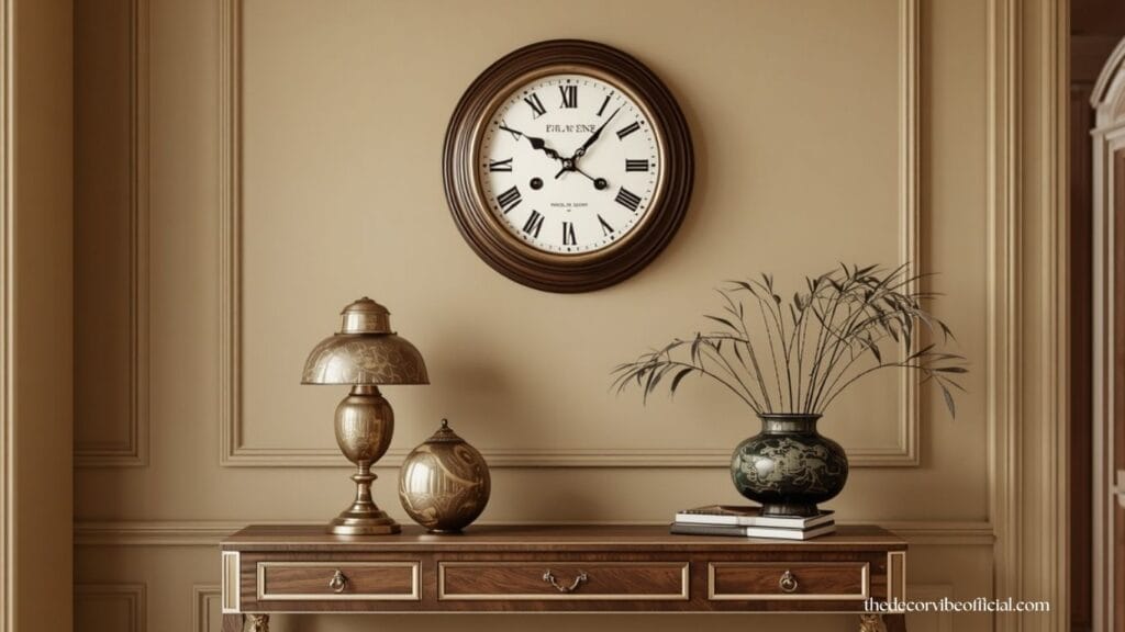 Antique wall clock styled with vintage home decor and warm lighting.