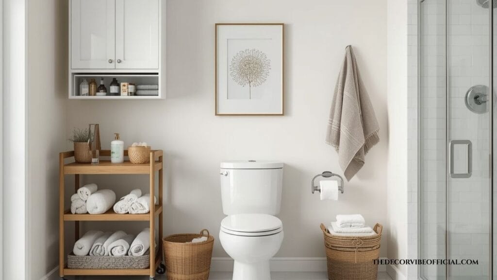 Essential bathroom storage furniture and organizers.