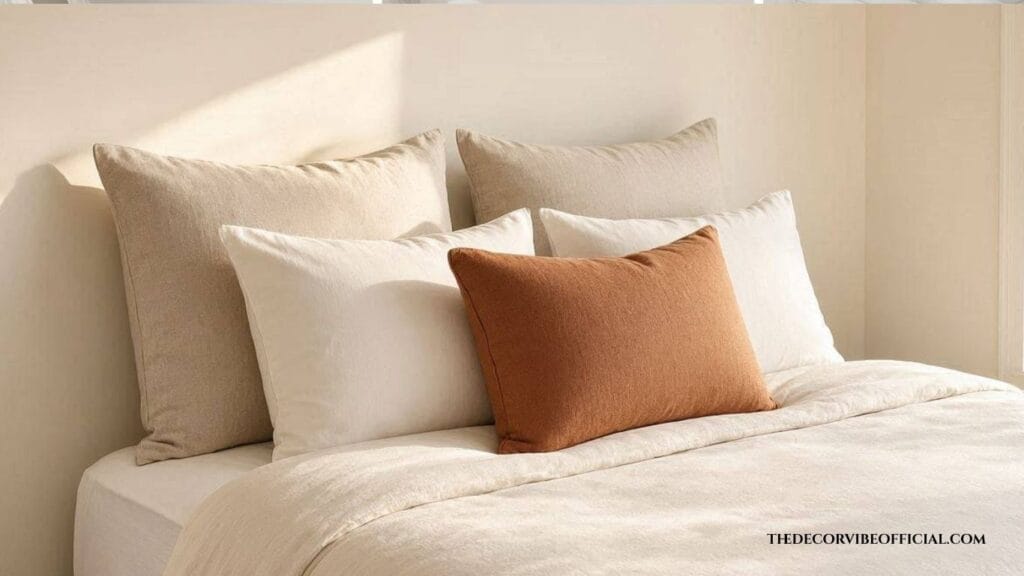 Layered euro shams and pillows styled against a bare wall bed without a headboard