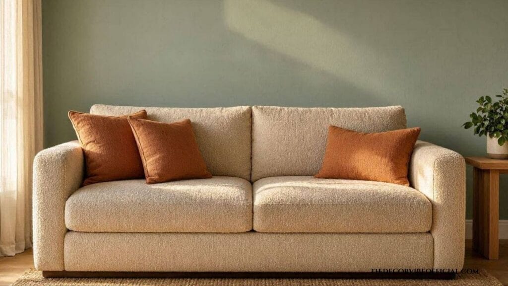 Beige sofa living room ideas with sage green wall and rust pillows