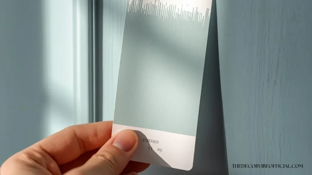 Light blue paint swatch against a painted kitchen cabinet door