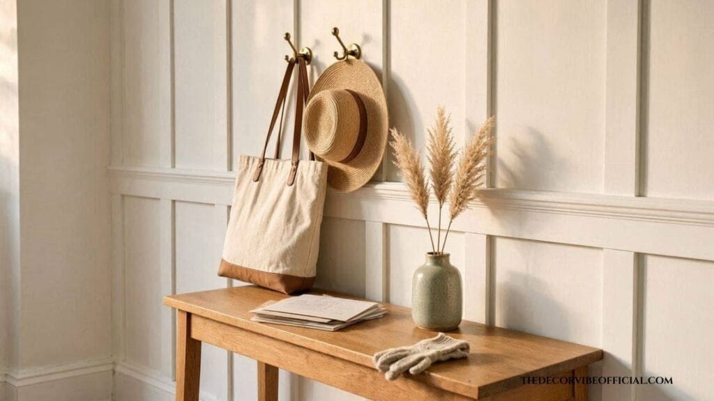White board and batten entryway wall with brass hooks and oak console table