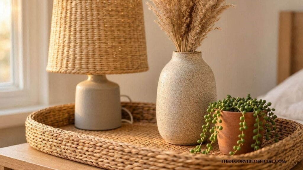 Boho aesthetic nightstand decor with rattan tray and dried pampa
