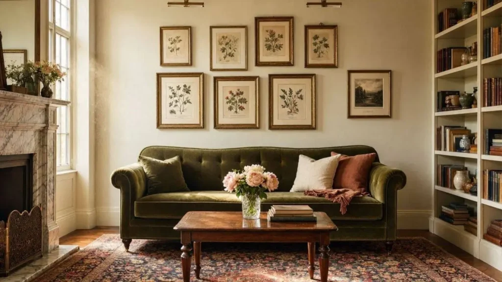 Vintage botanical gallery wall above a velvet sofa in an elegant old money living room.