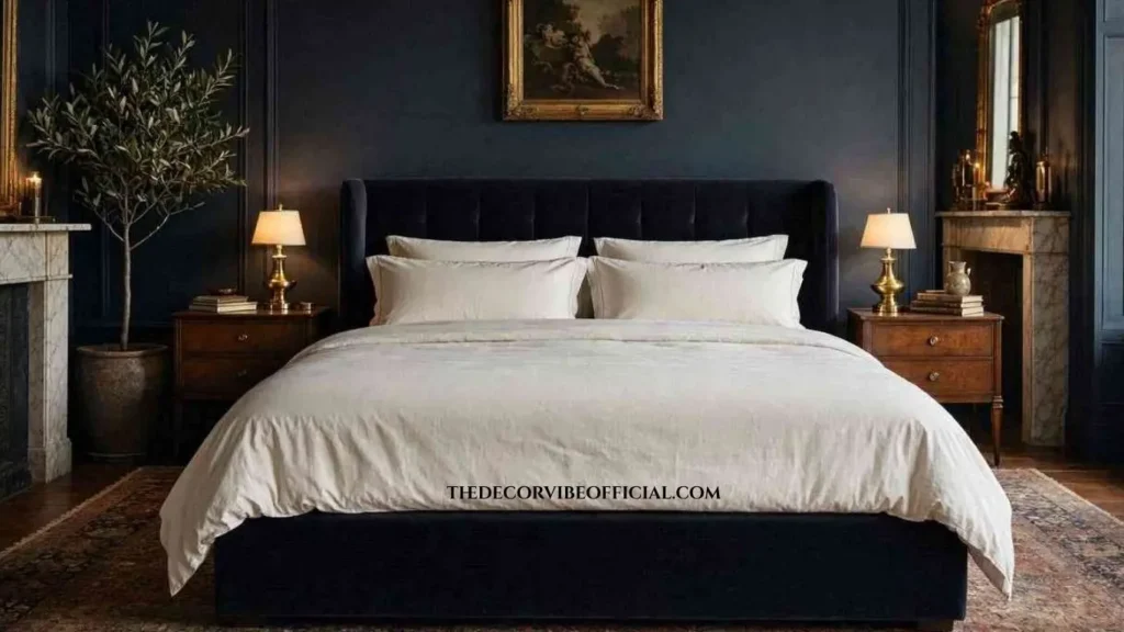 Luxury boutique hotel-inspired moody blue bedroom with warm lighting, velvet bed, and timeless decor.