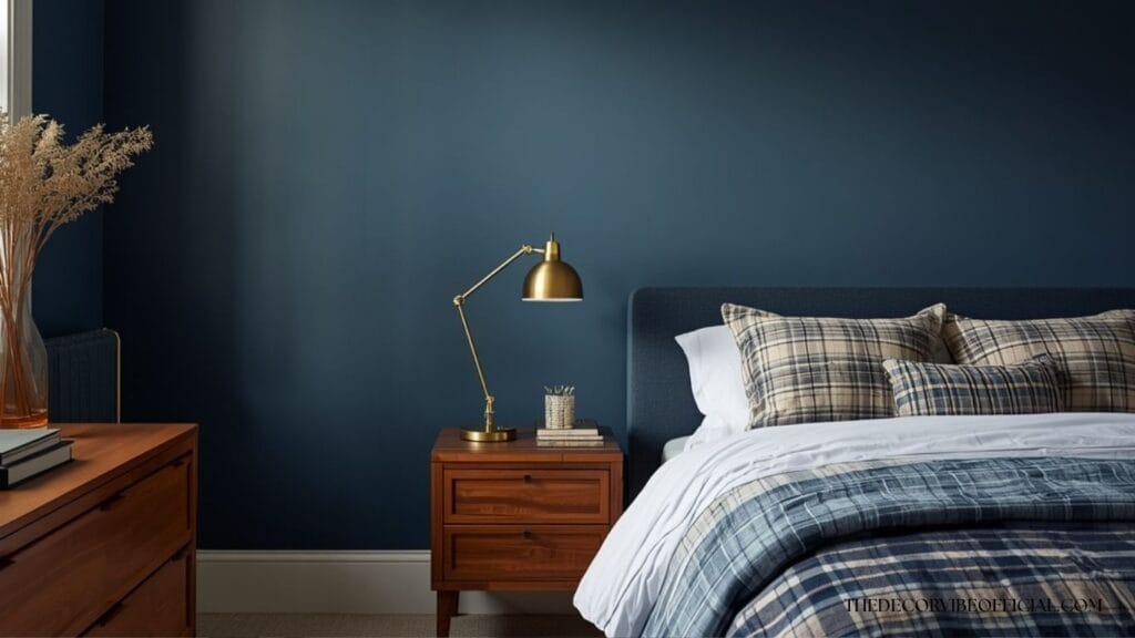 Boys bedroom paint ideas featuring deep navy walls and warm walnut furniture