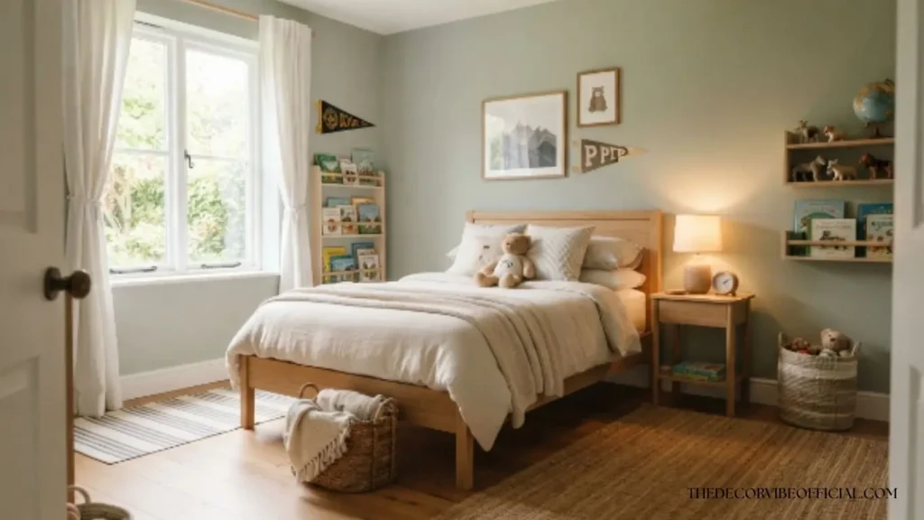 Boys bedroom paint ideas with soft sage green walls and natural wood furniture