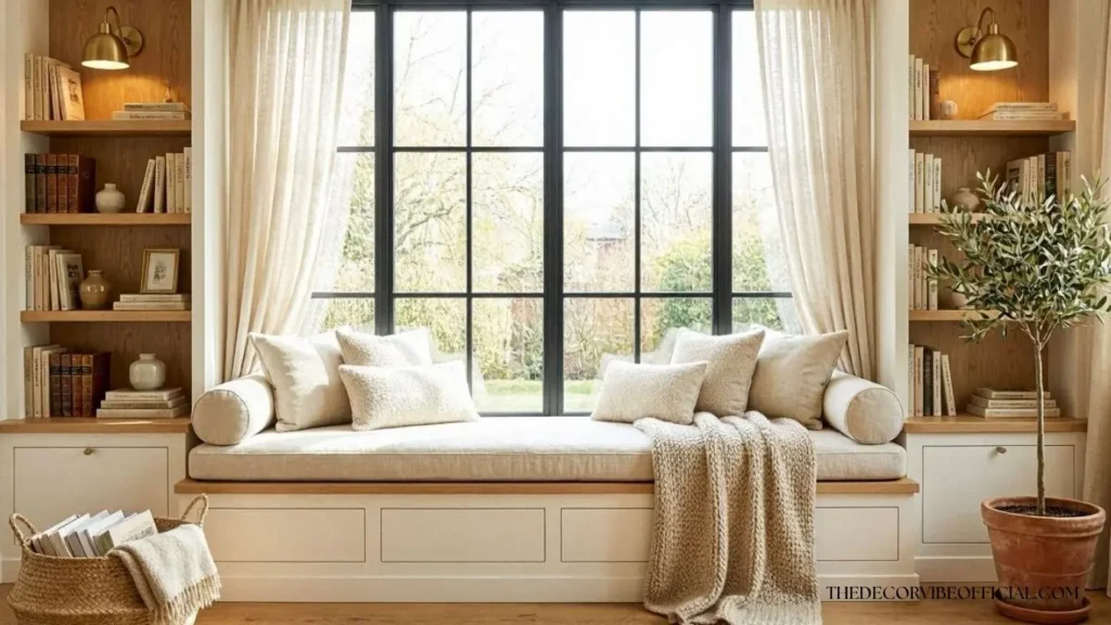 Luxury built-in window reading nook with linen cushions, bookshelves, and warm natural light.