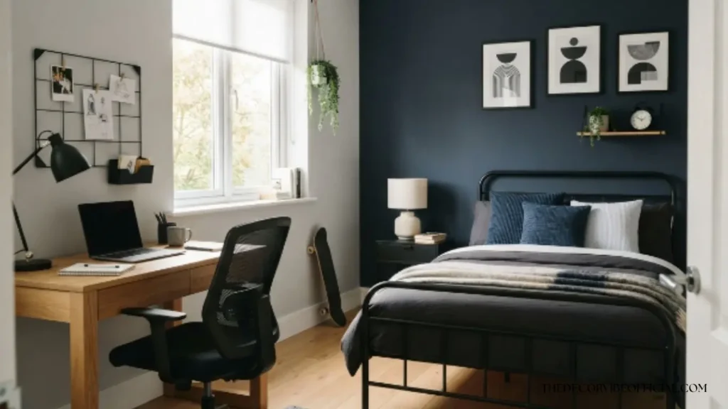 Boys bedroom paint ideas with two-tone gray and navy walls for teens