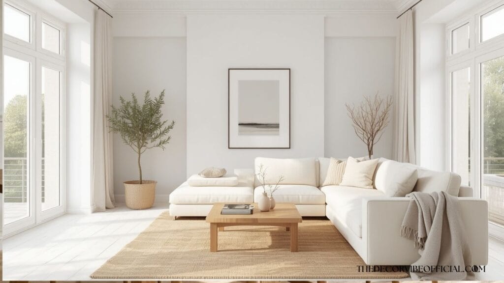 Bright Scandinavian living room featuring neutral colors, natural oak furniture, linen textures, and warm sunlight.